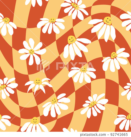 Retro Smile Chamomile Seamless Pattern on 1970 Wavy Swirl Seamless Pattern. Hippie Aesthetic. 92741665