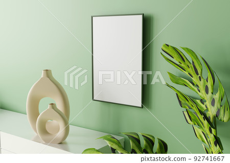 View room decor made up frame and vase on a green. Mockup 3d render View room decor made up frame and vase on a green. Mockup 3d render 92741667