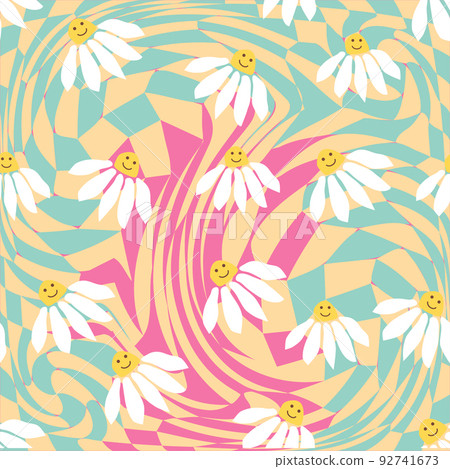 Groovy daisy retro seamless pattern. Retro Smile Chamomile Pattern on 1970 Hippie Aesthetic. Groovy daisy retro seamless pattern. Retro Smile Chamomile Pattern on 1970 Hippie Aesthetic. 92741673