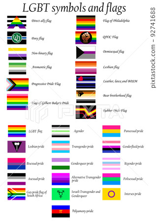 LGBT flag set including Progressive, Standard, Bisexual, Polyamory, Asexual, Aromantic, Philadelphia, QPOC, Demisexual, Lesbian, BDSM, Rubber 92741688
