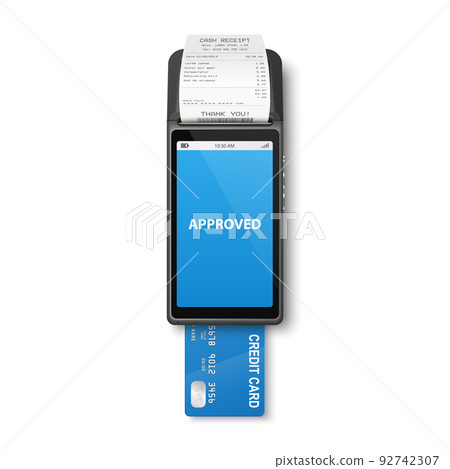 Vector 3d NFC Payment Machine, Credit Card, Receipt Isolated. Approved Payment Status. Wi-fi, Wireless Payment. POS Terminal, Machine Design Template, Bank Contactless Terminal, Mockup. Top VIew 92742307