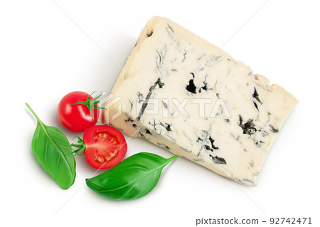 Blue cheese gorgonzola isolated on white background with full depth of field. Top view. Flat lay. 92742471