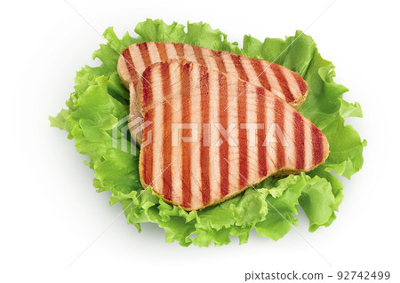 Tuna fish steak grilled isolated on white background with full depth of field. Top view. Flat lay Tuna fish steak grilled isolated on white background with full depth of field. Top view. Flat lay 92742499