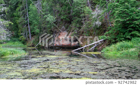 Mirror cliffs and an old river channel in a very beautiful forest in Cirulu nature trails, Latvia. 92742982