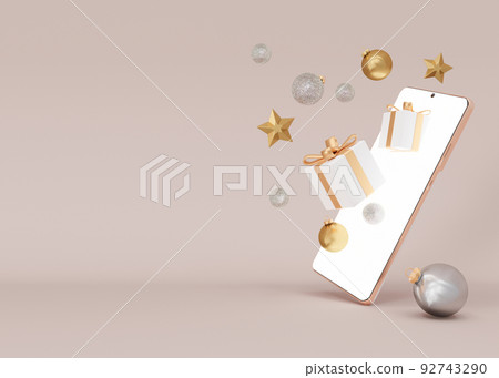 Smartphone with flying gift boxes and Christmas decoration. Copy space. Shopping with smartphone, buying presents online. Christmas shopping, Xmas sale, New year. Banner, template, mock up. 3D render. 92743290
