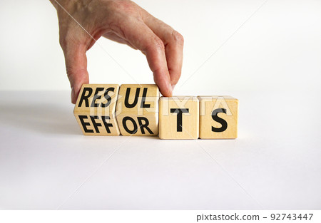 Efforts and results symbol. Concept words Efforts and results on wooden cubes. Businessman hand. Beautiful white table white background. Business efforts and results concept. Copy space. 92743447