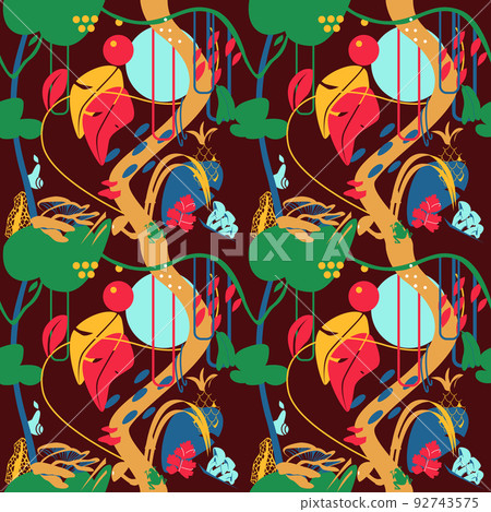 Seamless abstract pattern - tropical forest. Suitable for wrapping paper, wall painting or textiles. Vector illustration. Seamless abstract pattern - tropical forest. Suitable for wrapping paper, wall painting or textiles. Vector illustration. 92743575