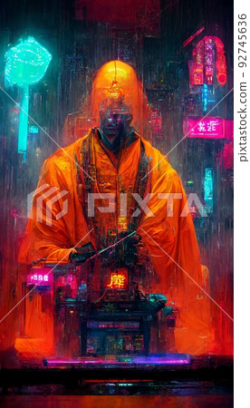 Silhouette of a meditating monk against the background of the neon city of the future. Concept of meditation and relaxation. Perfect for phone wallpaper or for posters. Silhouette of a meditating monk against the background of the neon city of the future. Concept of meditation and relaxation. Perfect for phone wallpaper or for posters. 92745636
