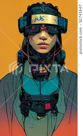 Cyberpunk woman portrait with VR headset in high quality, avatar