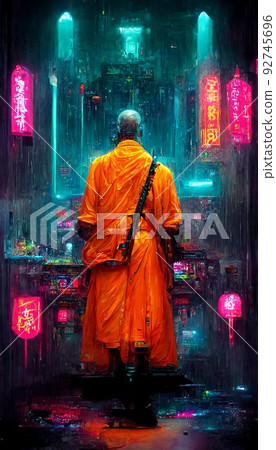 Silhouette of a meditating monk against the background of the neon city of the future. Concept of meditation and relaxation. Perfect for phone wallpaper or for posters. 92745696