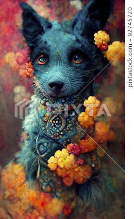 A fantasy magic dog in a fairy-tale wonderland forest. Artistic abstract cute animal. Perfect for phone wallpaper or for posters. 3D Rendering. A fantasy magic dog in a fairy-tale wonderland forest. Artistic abstract cute animal. Perfect for phone wallpaper or for posters. 3D Rendering. 92745720