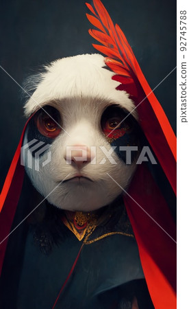 A fantasy Japanese panda dressed as a cardinal in a magical enchanted place. Artistic abstract beautiful animal. Perfect for phone wallpaper or for posters. 3D Rendering. 92745788
