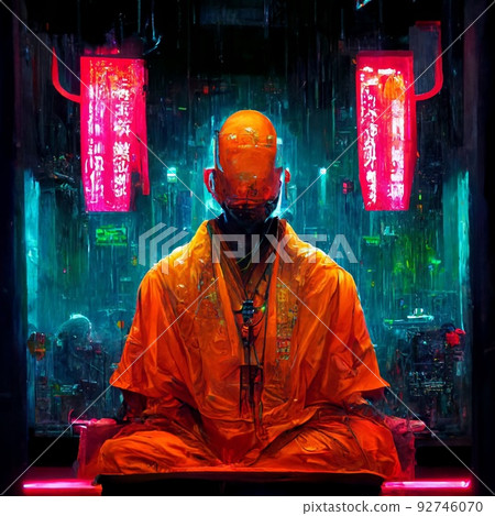 Silhouette of a meditating monk against the background of the neon city of the future. Concept of meditation and relaxation. Perfect for phone wallpaper or for posters. 92746070