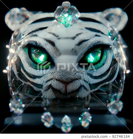 Crystal magical tiger with beautiful eyes. Artistic abstract cute animal. Perfect for phone wallpaper or for posters. 3D rendering. 92746184