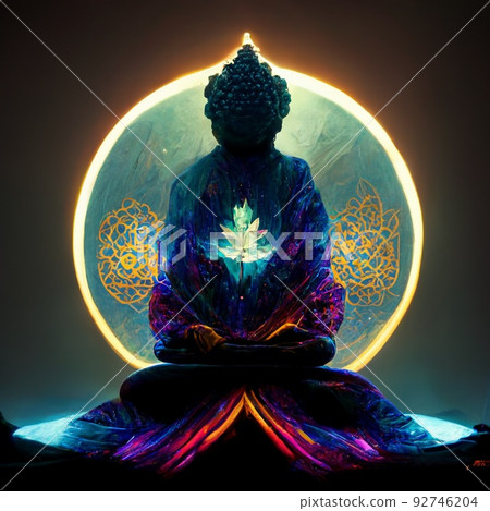 Silhouettes of Buddha on the background of a luminous mandala. The concept of meditation and relaxation. Perfect for phone wallpaper or for posters. Silhouettes of Buddha on the background of a luminous mandala. The concept of meditation and relaxation. Perfect for phone wallpaper or for posters. 92746204
