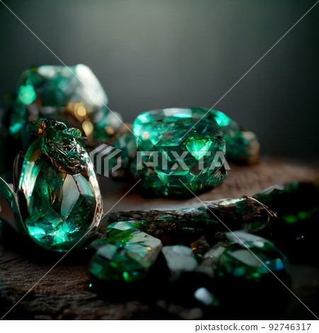 Gemstones and crystals. Emerald or tourmaline green crystals. Mineral crystals in nature. Perfect for phone wallpaper or for posters. 3D Rendering. 92746317