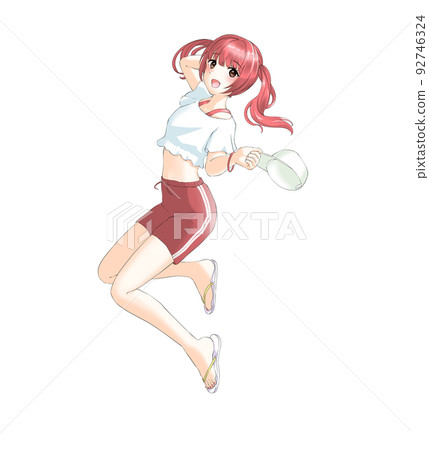 Girl with red twin tails playing in sporty summer clothes 92746324