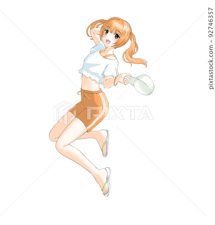 一個雙馬尾負責橙色的女孩，穿著運動型夏裝，精神抖擻 92746357