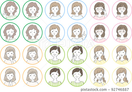 女性臉圖標,彩色框架 女性臉圖標,彩色框架 92746887