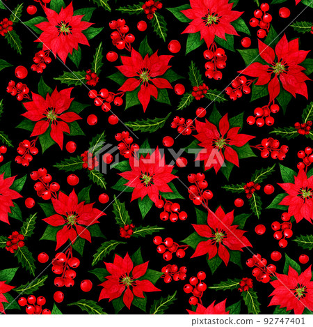 Watercolour Christmas pattern, holly, red poinsettia, red berries, black background. Seamless pattern. Watercolour Christmas pattern, holly, red poinsettia, red berries, black background. Seamless pattern. 92747401