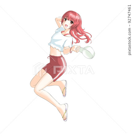 穿著運動夏裝的長紅頭髮的女孩 穿著運動夏裝的長紅頭髮的女孩 92747461