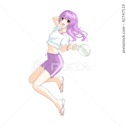穿著運動夏裝的紫色長發女孩 92747519