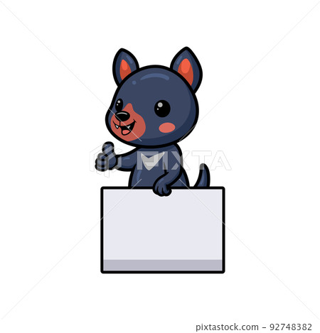 Cute little tasmanian devil cartoon with blank sign and giving thumb up Cute little tasmanian devil cartoon with blank sign and giving thumb up 92748382