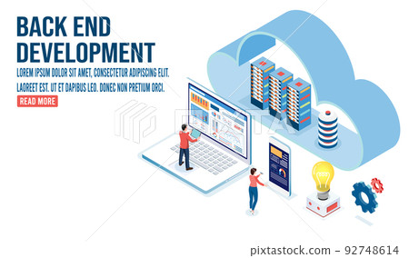 3d isometric Front and Back end development concept with coding and programming, studying with computers scene, Online IT courses, esponsive web design.  Illustration eps10 92748614