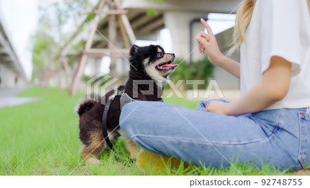Happy young asian woman playing and sitting on grass in the park with her dog. Pet lover concept Happy young asian woman playing and sitting on grass in the park with her dog. Pet lover concept 92748755