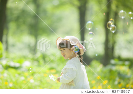 Girls playing with soap bubbles Girls playing with soap bubbles 92748967