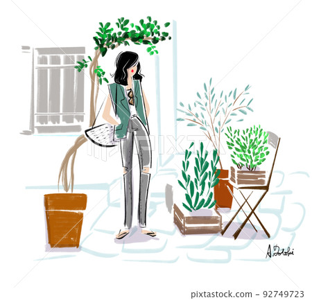 Illustration of a Woman Looking at Plants at a Gardening Store 92749723