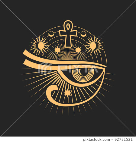 Horus prediction eye, tarot magic symbol, ethnic amulet with Egypt cross and all seeing eye. Vector occultism holistic vision sign, tribal chakra rays 92751521