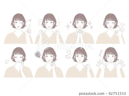 Cute woman with short cut (perm) [Facial expression set with treatment] 92751533