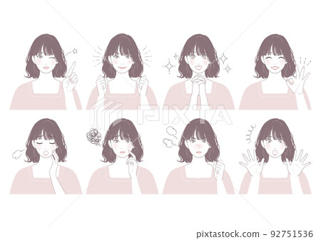 Cute woman with bob cut (perm) [Facial expression set with treatment] 92751536