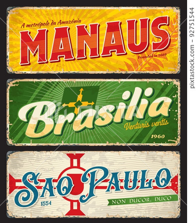 Brasilia, Manaus, Sao Paulo brazilian city travel stickers and plates. Brazil city retro plate or banner with faded sides. South America travel vector sticker, grunge souvenir card, vacation tin sign 92751544