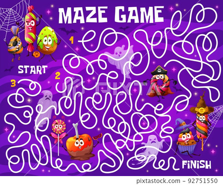 Labyrinth maze game, cartoon Halloween candy characters. Vector puzzle, find way riddle or start to finish board game with path and cute trick or treat sweets. Children education activity worksheet Labyrinth maze game, cartoon Halloween candy characters. Vector puzzle, find way riddle or start to finish board game with path and cute trick or treat sweets. Children education activity worksheet 92751550