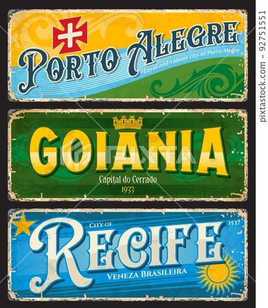 Porto Alegre, Goiania, Recife brazilian city travel stickers and plates. Brazil city vintage plate or postcard. South America vacation voyage vector sticker or souvenir card, grunge travel tin sign 92751551
