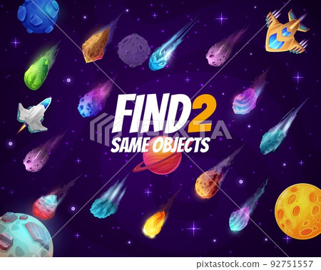 Find two same space comets, asteroids and meteors. Kindergarten children riddle vector worksheet, kids educational quiz or child game with similarities search, flying in space comets and spaceships 92751557
