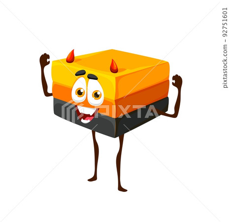 Cartoon Halloween cake piece character, vector patisserie devil or imp sweets personage with horns. Funny smiling confectionery or bakery naughty monster. Hobgoblin kids trick or treat party dessert Cartoon Halloween cake piece character, vector patisserie devil or imp sweets personage with horns. Funny smiling confectionery or bakery naughty monster. Hobgoblin kids trick or treat party dessert 92751601