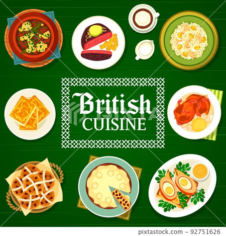 British cuisine meals menu cover vector template. Scotch eggs, baked rabbit and Irish stew, coffee, duck pie and cheese toast, rice fish kedgeree, hot cross buns and beef steak 92751626