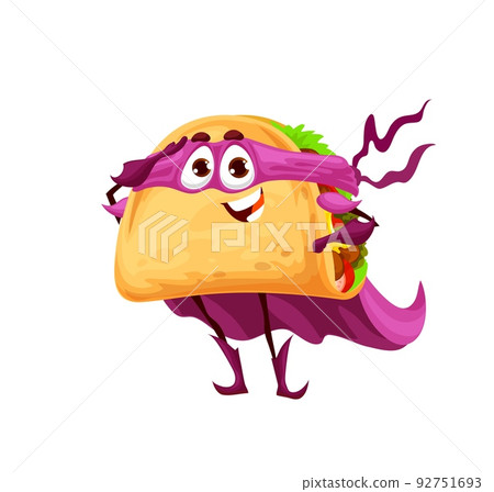 Cartoon mexican tacos superhero character. Funny fast food meal with tortilla, vegetables and grounded meat. Isolated happy smiling tacos defender or hero vector personage in mask, cloak and boots 92751693