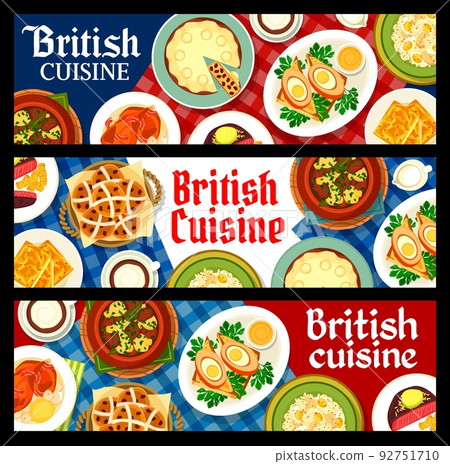 British cuisine restaurant meals and dishes banners. Coffee, Irish stew and hot cross buns, duck pie, Scotch eggs and cheese toast, baked rabbit, rice fish kedgeree and beef steak 92751710