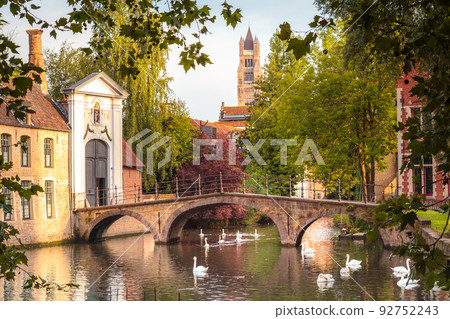 Swans line floating on Brugge canal waters with bridge, Belgium Swans line floating on Brugge canal waters with bridge, Belgium 92752243