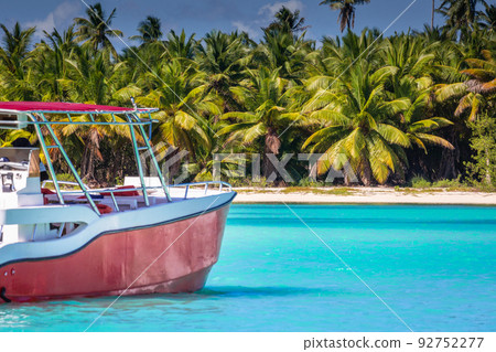 Tropical paradise: caribbean beach with single palm tree and boat, Punta Cana Tropical paradise: caribbean beach with single palm tree and boat, Punta Cana 92752277