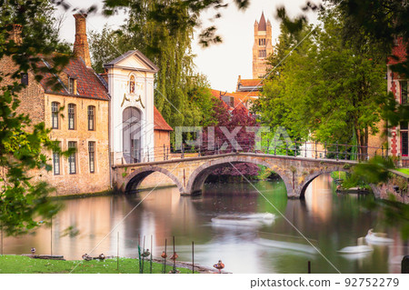 Blurred Swans floating on Brugge canal waters with reflection, Belgium 92752279