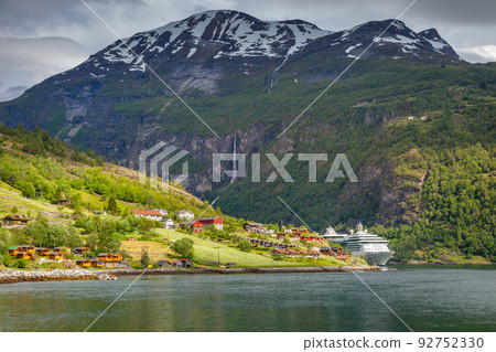 Gieranger fjord at springtime, ship and village, Norway, Northern Europe 92752330
