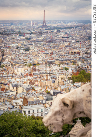 Above Paris from Sacre Couer tower in Montmartre with dramatic sky, France 92752388