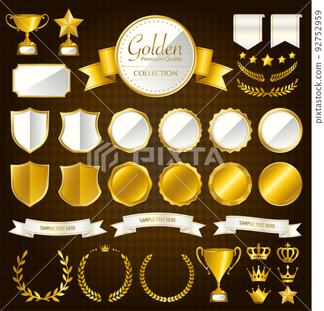 Vintage, golden medal, badge, ribbon, crown, trophy illustration, icon set / white 92752959