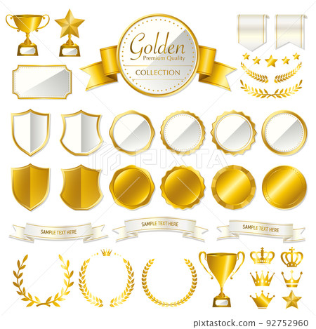 復古、金牌、徽章、絲帶、皇冠、獎杯插圖、圖標集/白色 92752960