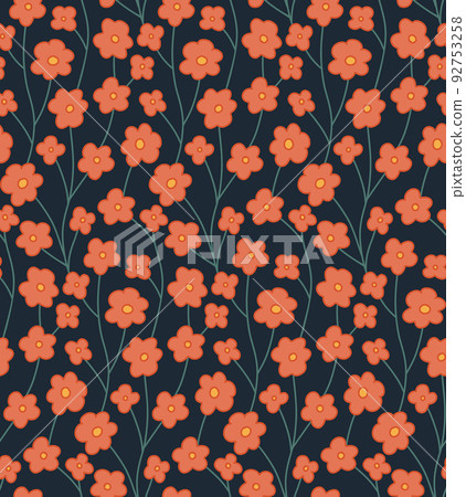 Seamless vector pattern with sakura branches and flowers on a blue background. Japanese texture with cartoon flowers. Floral background 92753258
